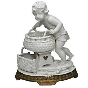 Vintage Bisque Porcelain Cherub Putto Basket Centerpiece Figurine on Gilt Base